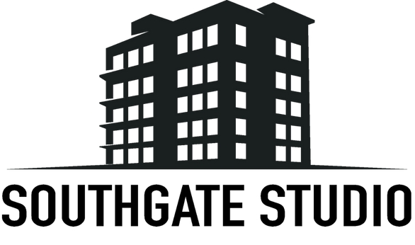 Black silhouette of a multi-story building with the text “Southgate Studio” beneath it on a transparent background.